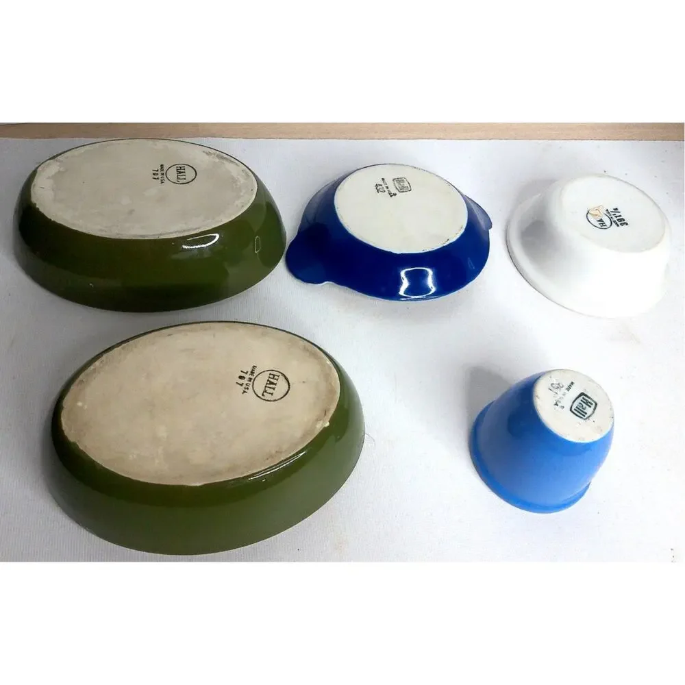 Vintage Mixed Set Hall Pottery Bakeware Green White Oval Dish Custard Cups Set 5